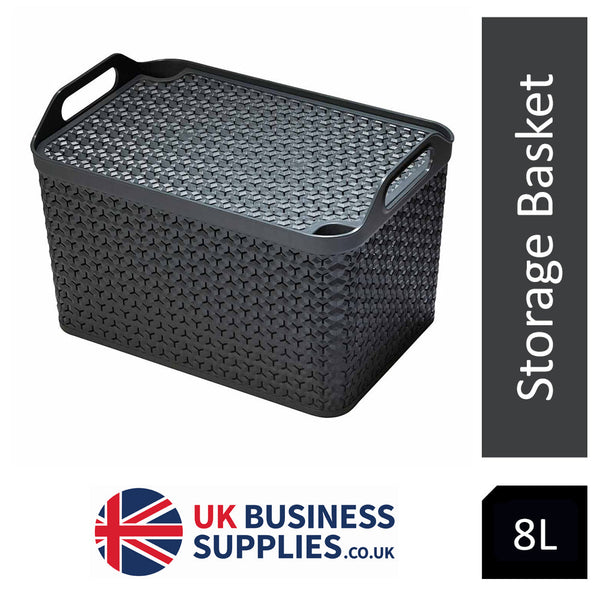 Strata Charcoal Grey Small, 8L Handy Basket With Lid {16.5cm x 24cm} - ONE CLICK SUPPLIES