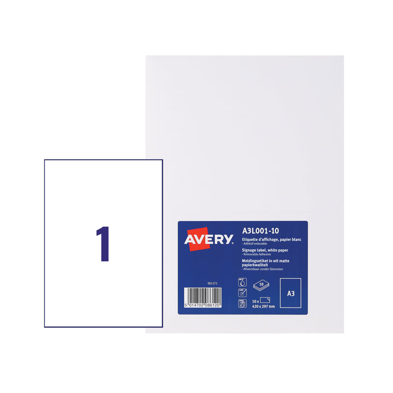 Avery Display Label A3 Removable Matt White (Pack 10 Labels) A3L001-10 - ONE CLICK SUPPLIES