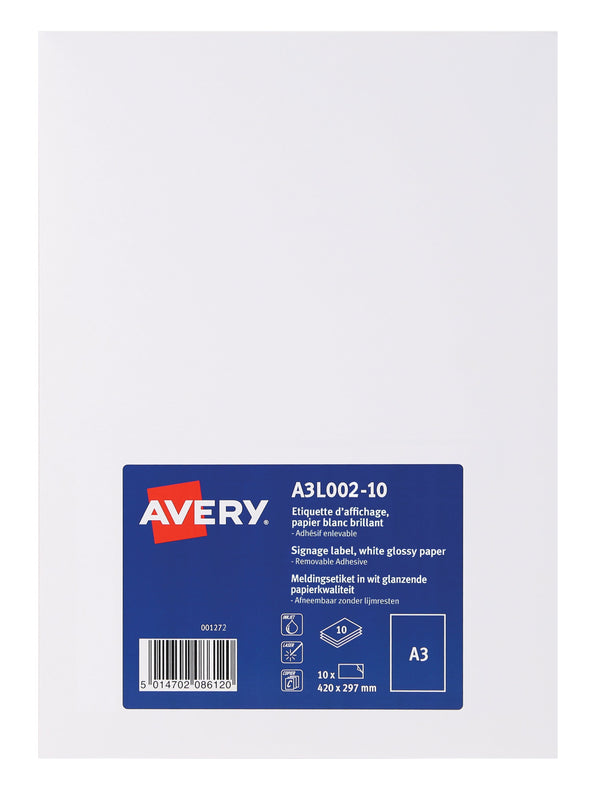 Avery Display Label A3 Removable Gloss White (Pack 10 Labels) A3L002-10 - ONE CLICK SUPPLIES