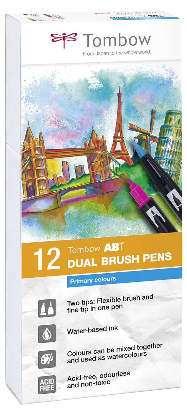 Tombow ABT Dual Brush Pen 2 Tips Primary Assorted Colours (Pack 12) - ABT-12P-1 - ONE CLICK SUPPLIES