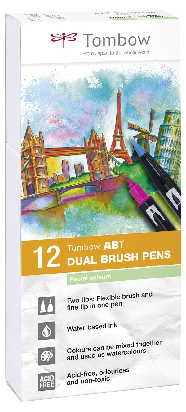 Tombow ABT Dual Brush Pen 2 Tips Pastel Assorted Colours (Pack 12) - ABT-12P-2 - ONE CLICK SUPPLIES