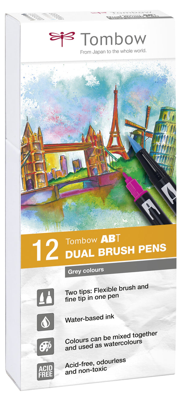 Tombow ABT Dual Brush Pen 2 Tips Grey Colours (Pack 12) - ABT-12P-3 - ONE CLICK SUPPLIES