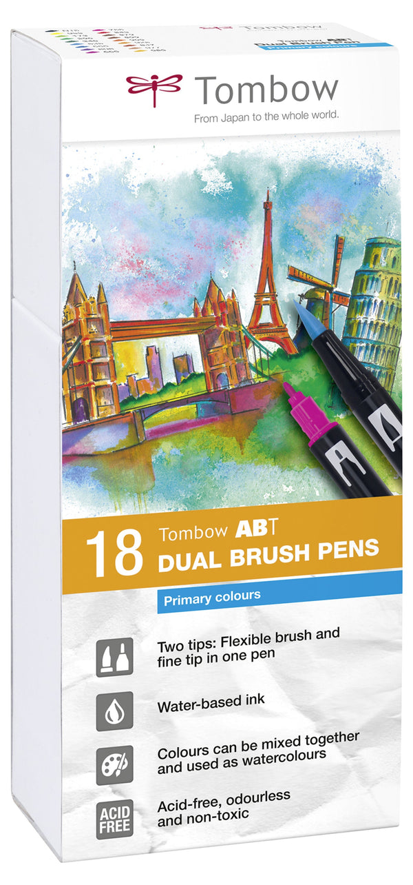 Tombow ABT Dual Brush Pen 2 Tips Primary Assorted Colours (Pack 18) - ABT-18P-1 - ONE CLICK SUPPLIES