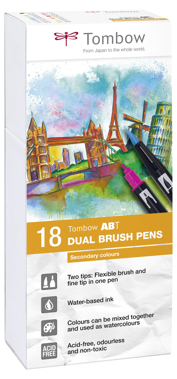 Tombow ABT Dual Brush Pen 2 Tips Secondary Assorted Colours (Pack 18) - ABT-18P-2 - ONE CLICK SUPPLIES