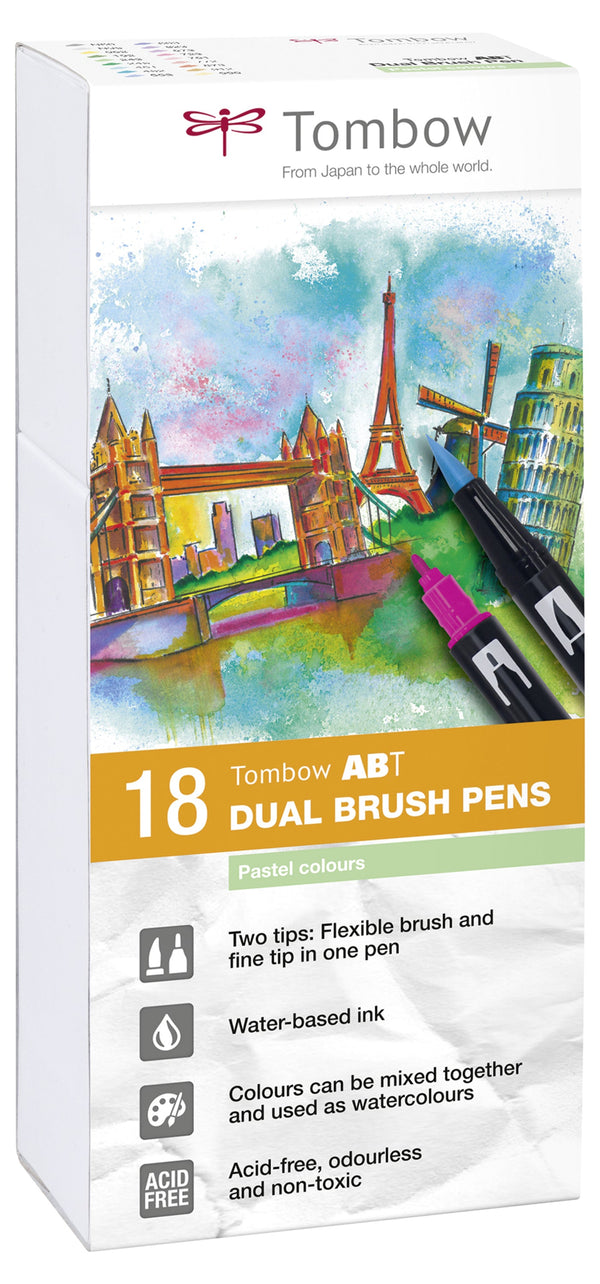 Tombow ABT Dual Brush Pen 2 Tips Pastel Assorted Colours (Pack 18) - ABT-18P-5 - ONE CLICK SUPPLIES