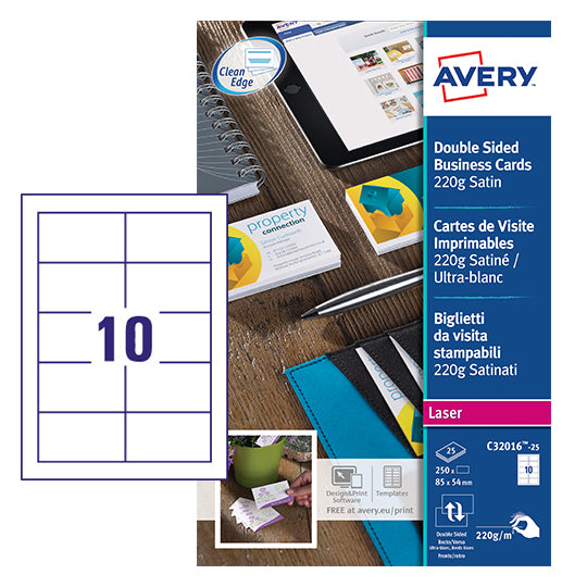 Avery Business Card Double Sided 10 Per Sheet 220gsm Satin (Pack 250) C32016-25 - ONE CLICK SUPPLIES