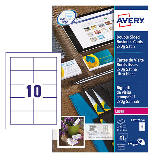 Avery Colour Laser Satin Bus Cards (Pack 250) C32026-25 - ONE CLICK SUPPLIES