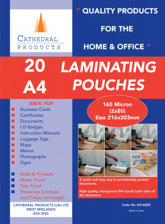 Cathedral A4 150 Micron Laminating Pouch Pack 20's - ONE CLICK SUPPLIES