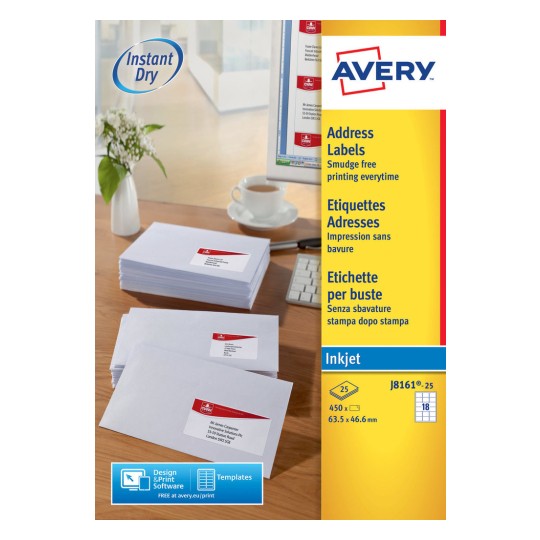 Avery Inkj Label 63.5x46.6mm 18 Per Sheet Wht (Pack of 450) J8161-25 - ONE CLICK SUPPLIES