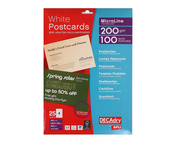 DECAdry Postcards 148.5x105mm 4 Per Sheet 200gsm Micro Perforated White (Pack 100) - OCB3325 - ONE CLICK SUPPLIES