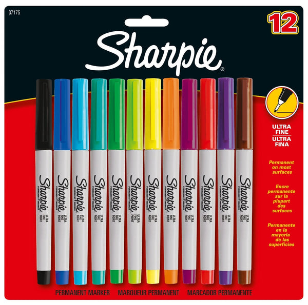 Sharpie Permanent Marker Ultra Fine Tip 0.5mm Line Assorted Colours (Pack 12) - 2065408 - ONE CLICK SUPPLIES