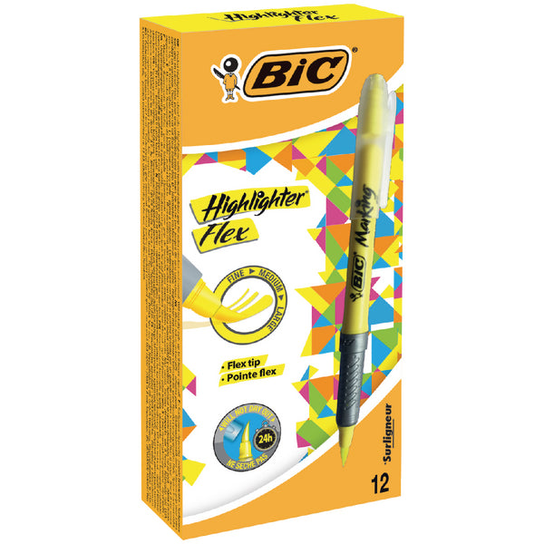 Bic Flex Highlighter Pen Chisel Tip 1.6-3.3mm Line Yellow (Pack 12) - 942040 - ONE CLICK SUPPLIES