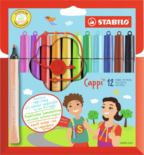 STABILO Cappi Felt Tip Pen with Cap Ring Assorted Colours (Wallet 12) - 168/12-4 - ONE CLICK SUPPLIES