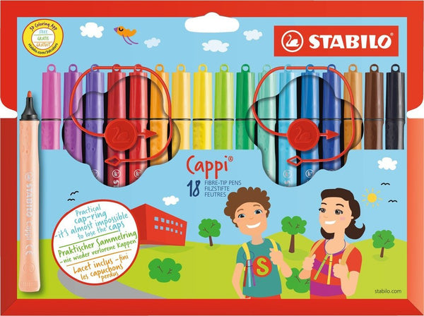 STABILO Cappi Felt Tip Pen with Cap Ring Assorted Colours (Wallet 18) - 168/18-4 - ONE CLICK SUPPLIES