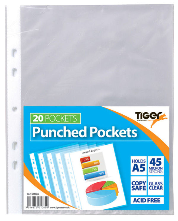 Tiger Multi Punched Pocket Polypropylene A5 45 Micron Top Opening Clear (Pack 20) - 301085 - ONE CLICK SUPPLIES