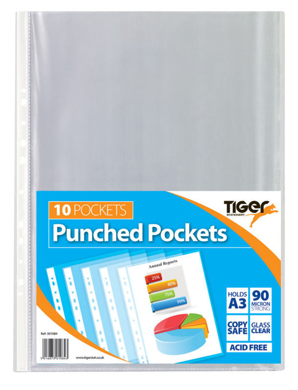 Tiger Multi Punched Pocket Polypropylene A3 45 Micron Top Opening Portrait Clear (Pack 10) - 301084 - ONE CLICK SUPPLIES