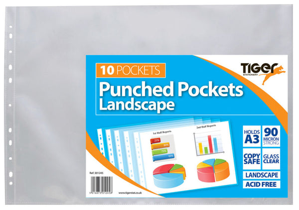 Tiger Multi Punched Pocket Polypropylene A3 45 Micron Top Opening Landscape Clear (Pack 10) - 301245 - ONE CLICK SUPPLIES