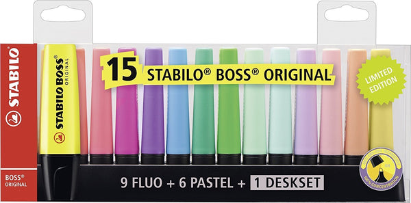 STABILO BOSS ORIGINAL Highlighter Deskset Chisel Tip Assorted Colours (Pack 15) 7015-01-5 - ONE CLICK SUPPLIES