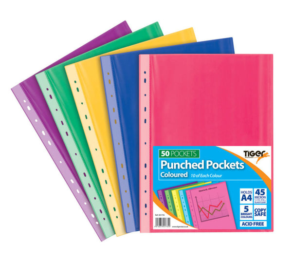 Tiger Multi Punched Pocket Polypropylene A4 45 Micron Top Opening Coloured (Pack 50) - 301735 - ONE CLICK SUPPLIES