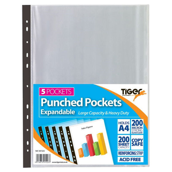 Tiger Multi Punched Expandable Pocket Polypropylene A4 150 Micron Top Opening Clear (Pack 5) - 301523 - ONE CLICK SUPPLIES