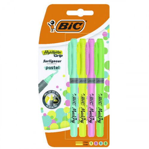 Bic Grip Highlighter Pen Chisel Tip 1.5-3.3mm Line Assorted Pastel Colours (Pack 4) - 964859 - ONE CLICK SUPPLIES