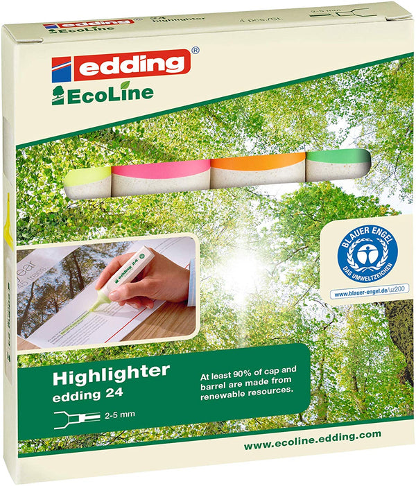 edding 24 EcoLine Highlighter Pen Chisel Tip 2-5mm Line Assorted Colours (Pack 4) - 4-24-4 - ONE CLICK SUPPLIES