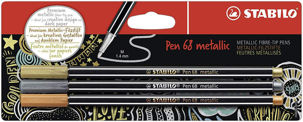 STABILO Pen 68 Metallic Fibre Tip Pen 1.4mm Line Gold/Silver/Copper (Pack 3) - B-53046-10 - ONE CLICK SUPPLIES