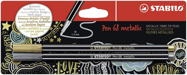 STABILO Pen 68 Metallic Fibre Tip Pen 1.4mm Line Metallic Gold/Silver (Pack 2) - B-53044-10 - ONE CLICK SUPPLIES