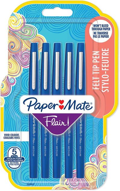 Paper Mate Flair Fibre Tip Pen Medium Point 0.7mm Blue (Pack 5) 2028647 - ONE CLICK SUPPLIES