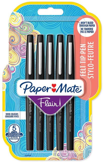 Paper Mate Flair Fibre Tip Pen Medium Point 0.7mm Black (Pack 5) 2028909 - ONE CLICK SUPPLIES