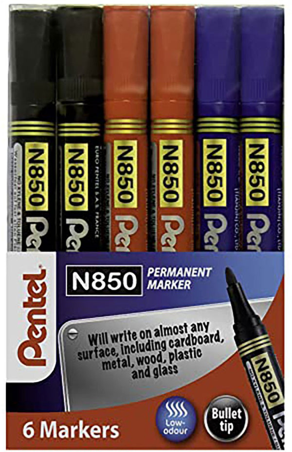 Pentel N850 Permanent Marker Bullet Tip 2.1mm Line Assorted (Pack 6) YN850/6-M - ONE CLICK SUPPLIES