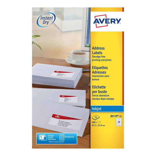 Avery Inkjet Address Label 63.5x34mm 24 Per A4 Sheet White (Pack 600 Labels) J8159-25 - ONE CLICK SUPPLIES