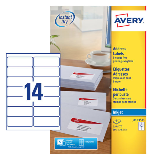 Avery Inkjet Address Label 99.1x38.1mm 14 Per A4 Sheet White (Pack 350 Labels) J8163-25 - ONE CLICK SUPPLIES