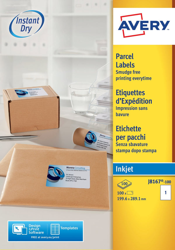 Avery Inkjet Address Label 200x289mm 1 Per A4 Sheet White (Pack 100 Labels) J8167-100 - ONE CLICK SUPPLIES