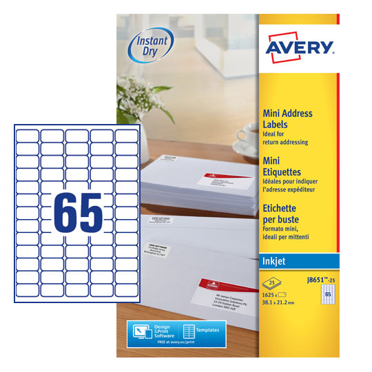 Avery Inkjet Mini Label 38.1x21.2mm 65 Per A4 Sheet White (Pack 1625 Labels) J8651-25 - ONE CLICK SUPPLIES