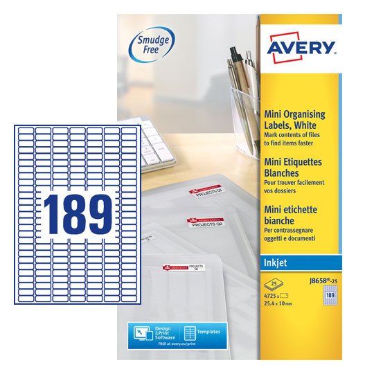 Avery Inkjet Mini Label 25x10mm 189 Per A4 Sheet White (Pack 4725 Labels) J8658-25 - ONE CLICK SUPPLIES