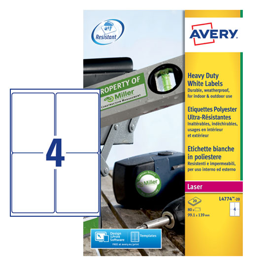 Avery Laser Heavy Duty Label 99x139mm 4 Per A4 Sheet White (Pack 80 Labels) L4774-20 - ONE CLICK SUPPLIES