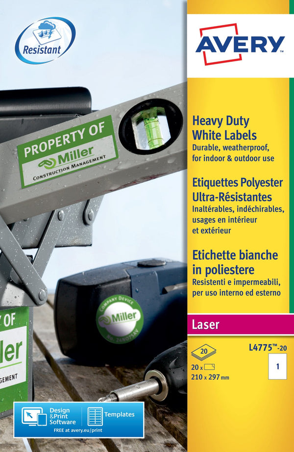 Avery Laser Heavy Duty Label 210x297mm 1 Per A4 Sheet White (Pack 20 Labels) L4775-20 - ONE CLICK SUPPLIES