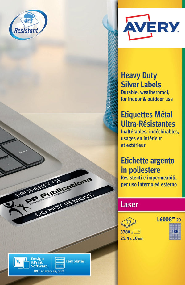 Avery Laser Heavy Duty Label 25.4x10mm 189 Per A4 Sheet Silver (Pack 3780 Labels) L6008-20 - ONE CLICK SUPPLIES