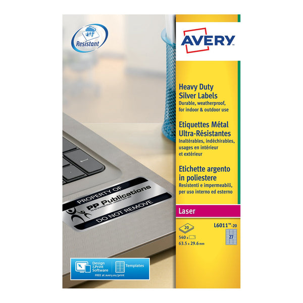Avery Laser Heavy Duty Label 63.5x29.6mm 27 Per A4 Sheet Silver (Pack 540 Labels) L6011-20 - ONE CLICK SUPPLIES
