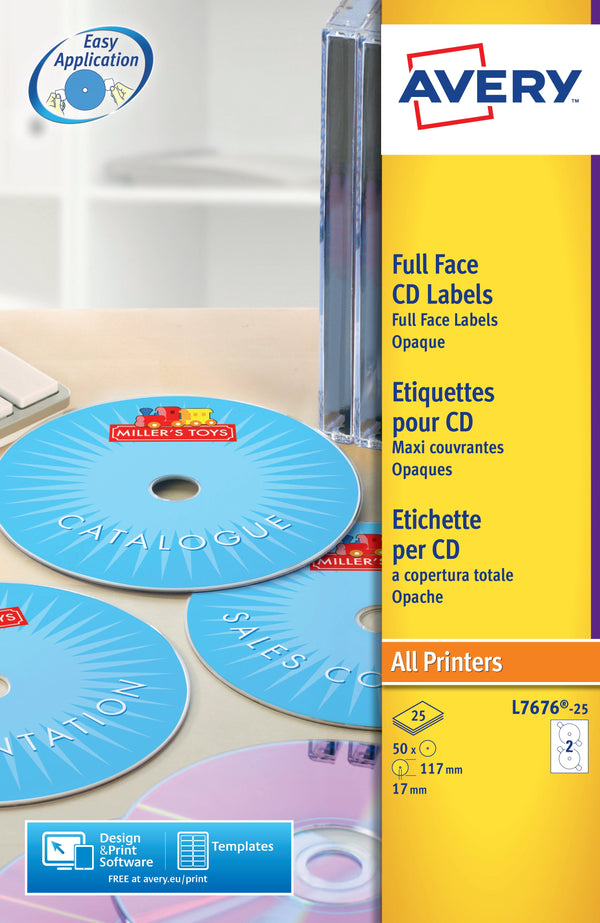 Avery Full Face CD/DVD Matt Label 117mm Diameter 2 Per A4 Sheet White (Pack 50 Labels) L7676-25 - ONE CLICK SUPPLIES