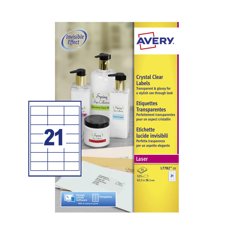 Avery Laser Label 63.5x38.1mm 21 Per A4 Sheet Crystal Clear (Pack 525 Labels) L7782-25 - ONE CLICK SUPPLIES