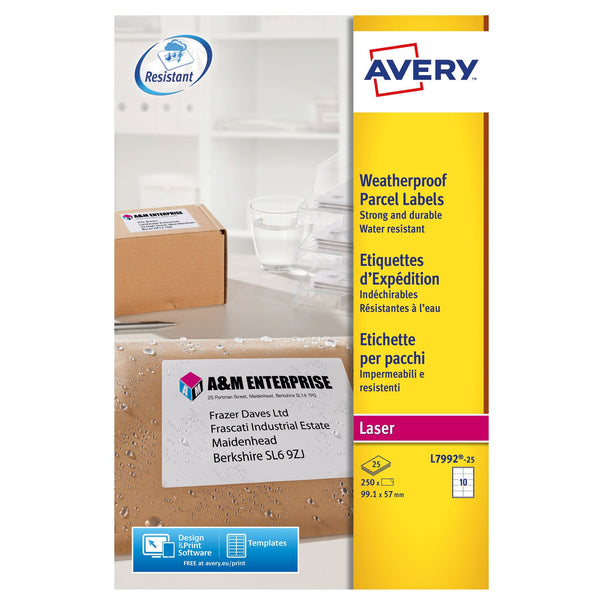 Avery Laser Weatherproof Parcel Label 99x57mm 10 Per A4 Sheet White(Pack 250 Labels)L7992-25 - ONE CLICK SUPPLIES