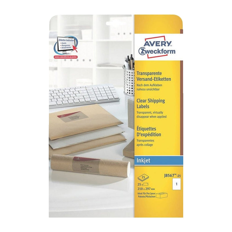 Avery Clear Inkjet Labels 210x297mm J8567-25 (Pack of 25 Labels) - ONE CLICK SUPPLIES