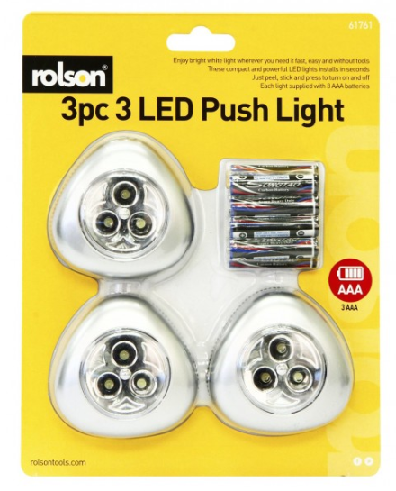 Rolson 3 Piece 3 LED Push On Lights With Batteries - ONE CLICK SUPPLIES