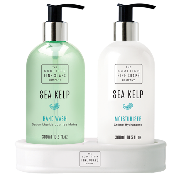 Scottish Fine Soaps Sea Kelp,Luxury 3pc Gift Set 1 x Moisturiser Cream 300ml, 1 x Hand Wash and 2pc Ceramic Bottle Holder