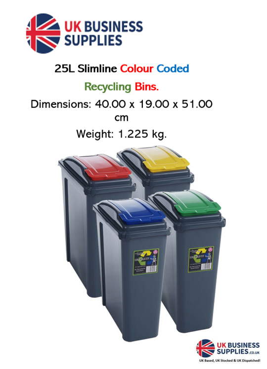 Wham 25L Slimline Recycle It Waste Plastic Recycling Bin 4 Piece Set - Red/Blue/Yellow by Wham - ONE CLICK SUPPLIES