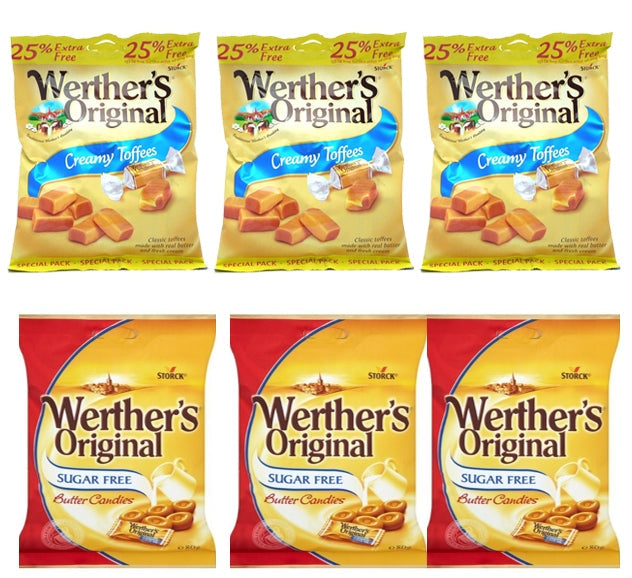 Werther's SUGAR FREE Creamy Toffee/ Butter Candies {6 Mixed OFFER, Wrapped} 6 x 80g - ONE CLICK SUPPLIES