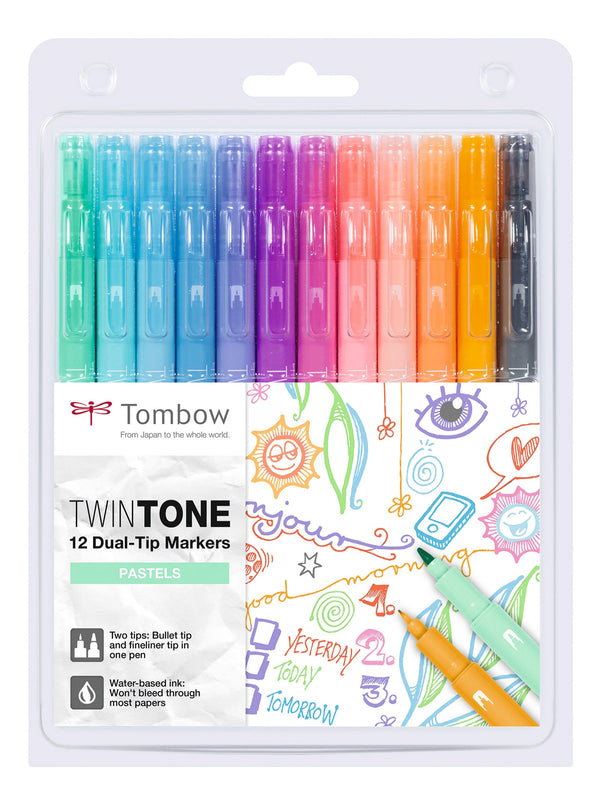 Tombow TwinTone Dual Tip Marker 0.8mm and 0.3mm Line Pastel Assorted Colours (Pack 12) - WS-PK-12P-2 - ONE CLICK SUPPLIES