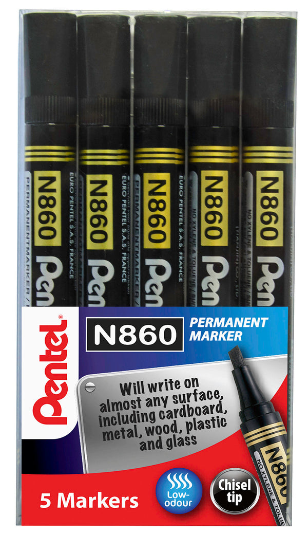 Pentel N860 Permanent Marker Chisel Tip 1.8 - 4.5mm Line Black (Pack 5) YN860/5-A - ONE CLICK SUPPLIES